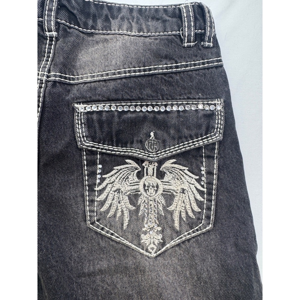 Idle Black Denim Y2K Winged Skull Rhinestone Contrast Stitch Jeans Size 4